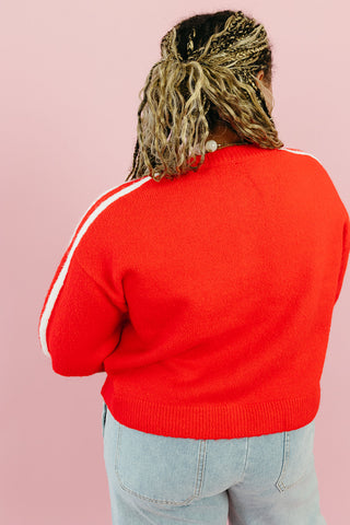 Mandy Varsity Short Sleeve Cardigan in Cherry/White