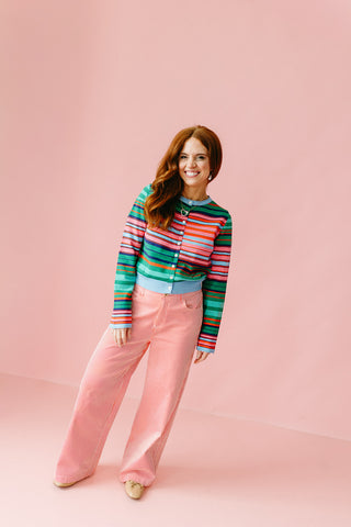 Rowe Stripe Cardigan in Pink/Green