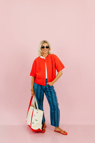 Mary Top Button Short Sleeve Sweater in Poppy