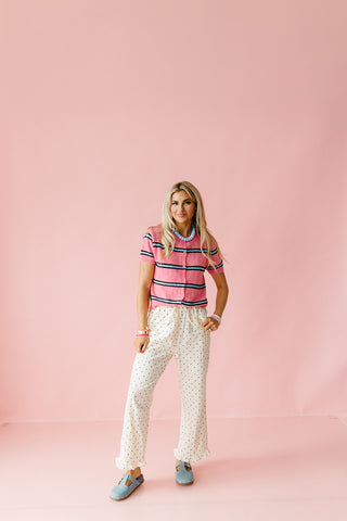 Fiona Stripe Short Sleeve Cardigan in Bubblegum