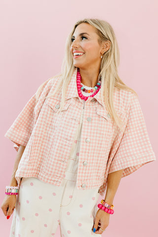 Kit Denim Cape Jacket in Pink Gingham