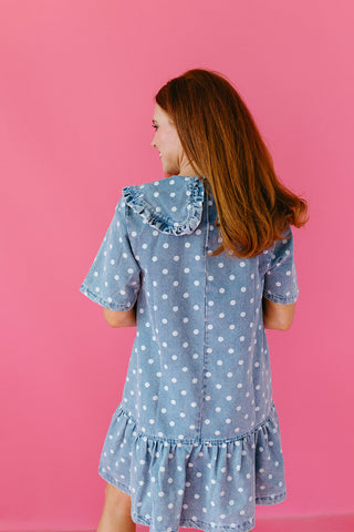 Everlynn Polka Dot Denim Ruffle Collar Mini Dress