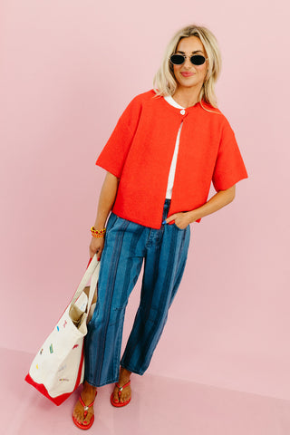 Mary Top Button Short Sleeve Sweater in Poppy