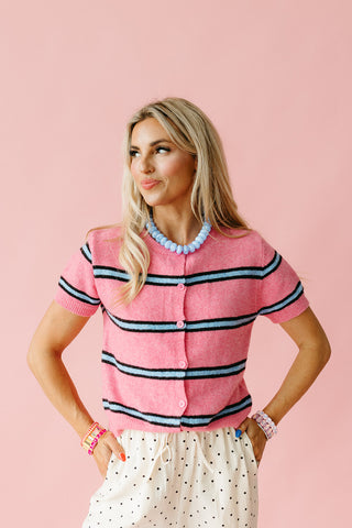 Fiona Stripe Short Sleeve Cardigan in Bubblegum