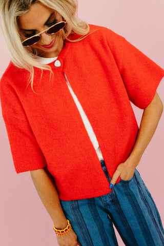 Mary Top Button Short Sleeve Sweater in Poppy