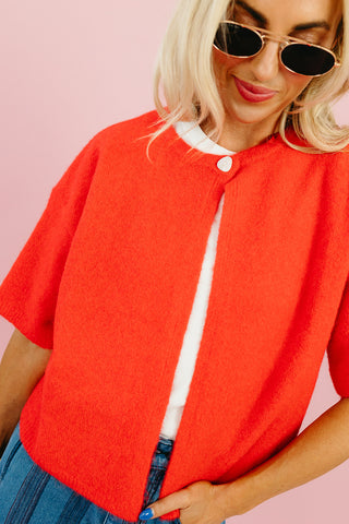 Mary Top Button Short Sleeve Sweater in Poppy