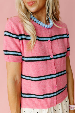 Fiona Stripe Short Sleeve Cardigan in Bubblegum