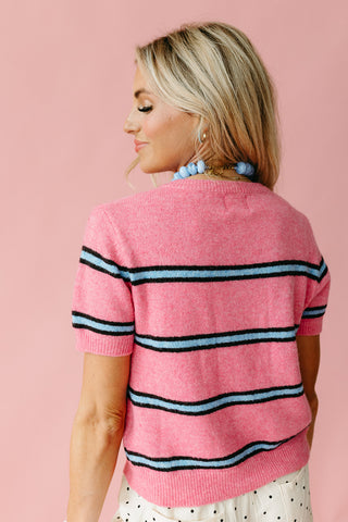 Fiona Stripe Short Sleeve Cardigan in Bubblegum