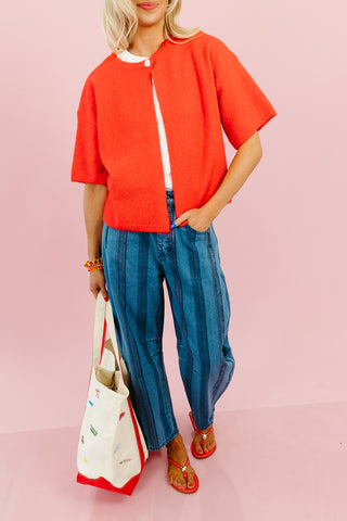 Mary Top Button Short Sleeve Sweater in Poppy
