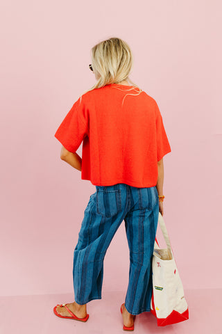 Mary Top Button Short Sleeve Sweater in Poppy