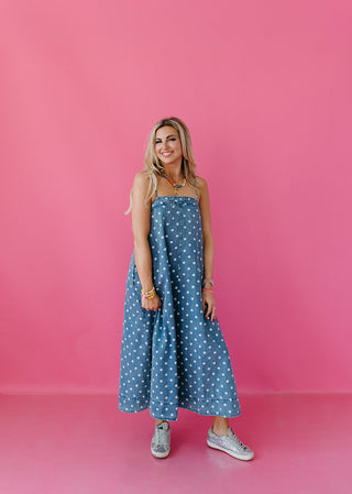 Everlynn Polka Dot Denim Maxi Dress