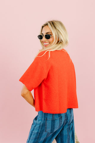 Mary Top Button Short Sleeve Sweater in Poppy