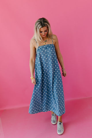 Everlynn Polka Dot Denim Maxi Dress