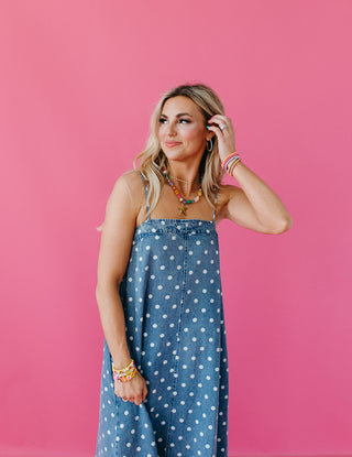 Everlynn Polka Dot Denim Maxi Dress