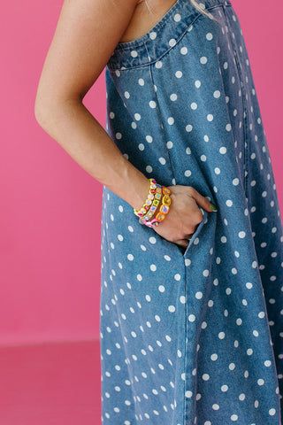 Everlynn Polka Dot Denim Maxi Dress