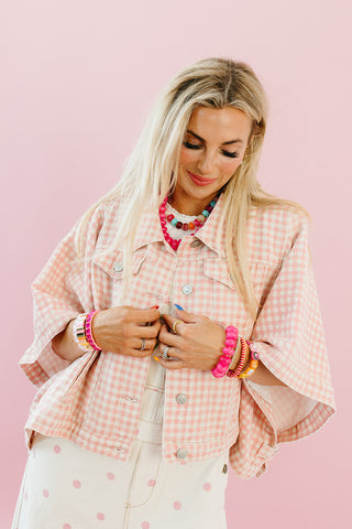 Kit Denim Cape Jacket in Pink Gingham