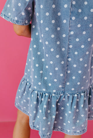 Everlynn Polka Dot Denim Ruffle Collar Mini Dress