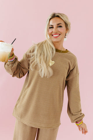 Ollie Stripe Sleeve Top in Olive/Mauve
