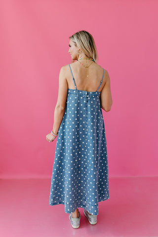 Everlynn Polka Dot Denim Maxi Dress