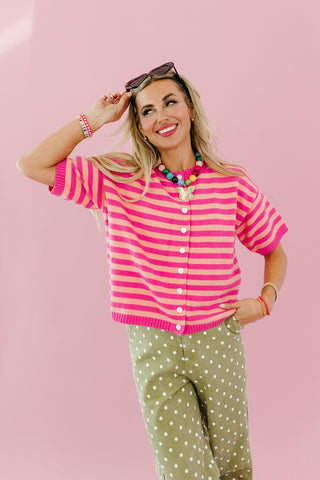 Alayna Stripe Short Sleeve Cardigan in Punch/Peach