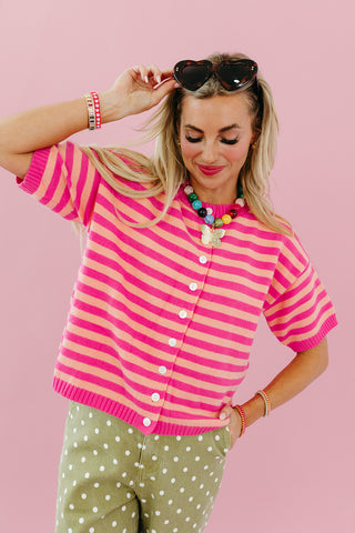 Alayna Stripe Short Sleeve Cardigan in Punch/Peach
