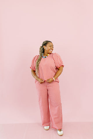 Livvy Gingham Scallop Pant Set in Cherry/Cream
