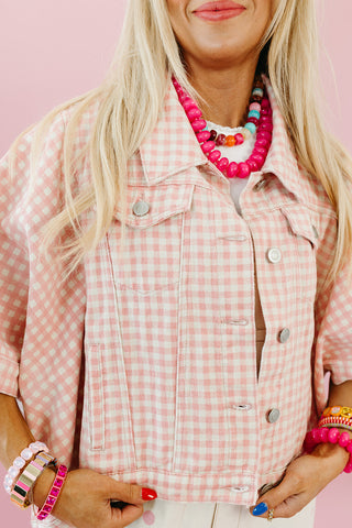 Kit Denim Cape Jacket in Pink Gingham