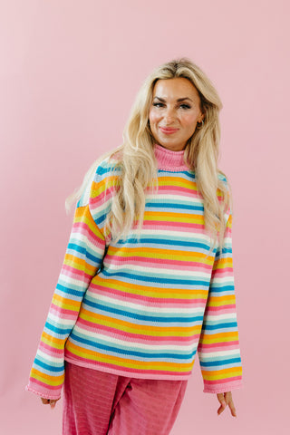 Cambri Mock Neck Stripe Sweater in Hibiscus Multi