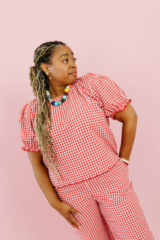 Livvy Gingham Scallop Pant Set in Cherry/Cream