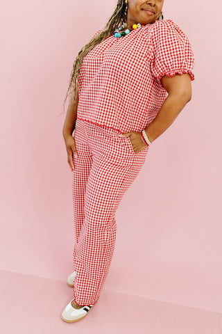 Livvy Gingham Scallop Pant Set in Cherry/Cream