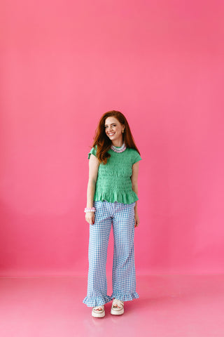 Teagan Smocked Ruffle Hem Top in Green