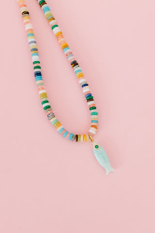 Beaded Fish Charm Necklace - Light Multi