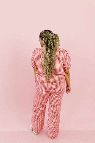 Livvy Gingham Scallop Pant Set in Cherry/Cream