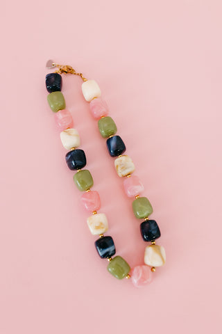 Chunky Beaded Necklace - Navy/Olive/Pink