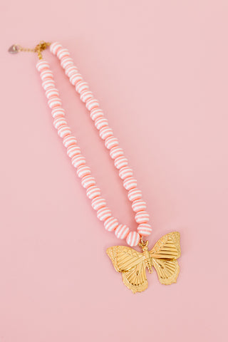 Pink Stripe Beaded Butterfly Necklace