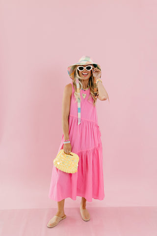 Maggie Asymmetric Hem Midi Dress in Bubblegum