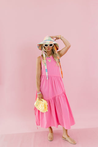 Maggie Asymmetric Hem Midi Dress in Bubblegum
