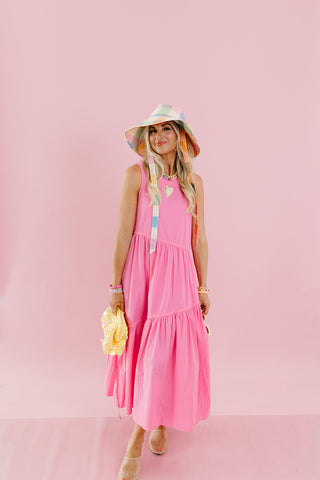 Maggie Asymmetric Hem Midi Dress in Bubblegum