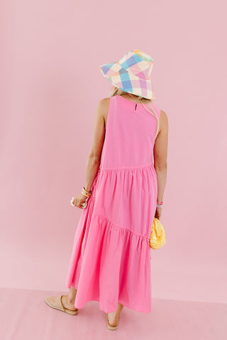 Maggie Asymmetric Hem Midi Dress in Bubblegum