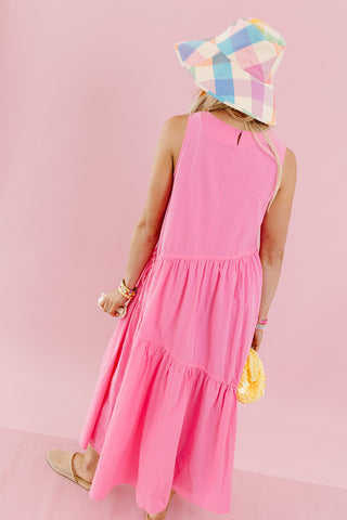 Maggie Asymmetric Hem Midi Dress in Bubblegum