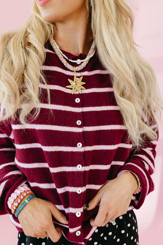 Piper Cardigan in Wine/Pink Stripe