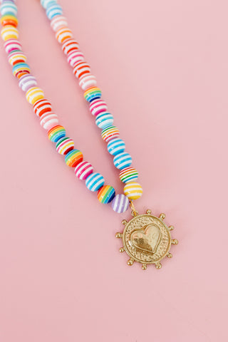 Rainbow Stripe Beaded Heart Necklace