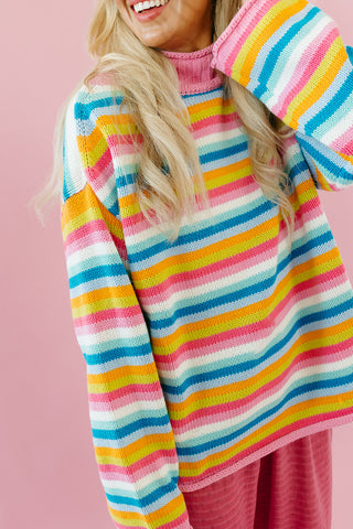 Cambri Mock Neck Stripe Sweater in Hibiscus Multi