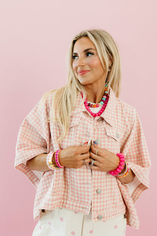 Kit Denim Cape Jacket in Pink Gingham
