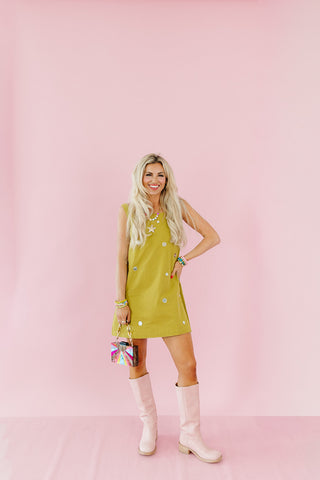 Taty Mirror Embellished Mini Dress in Olive