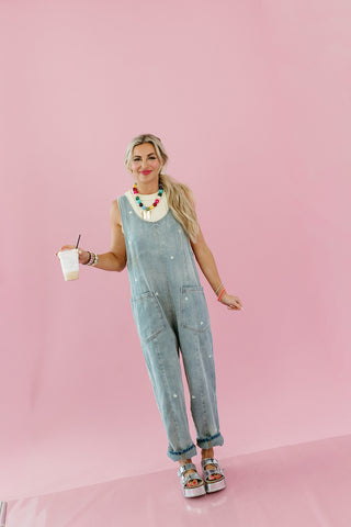 Daisy Embroidered Overalls in Denim