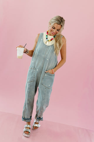 Daisy Embroidered Overalls in Denim