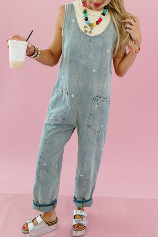 Daisy Embroidered Overalls in Denim