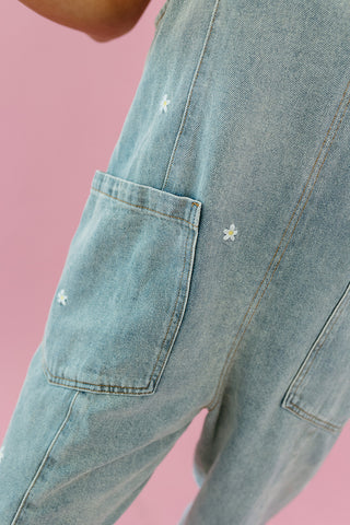 Daisy Embroidered Overalls in Denim