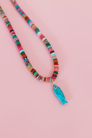 Beaded Fish Charm Necklace - Dark Multi